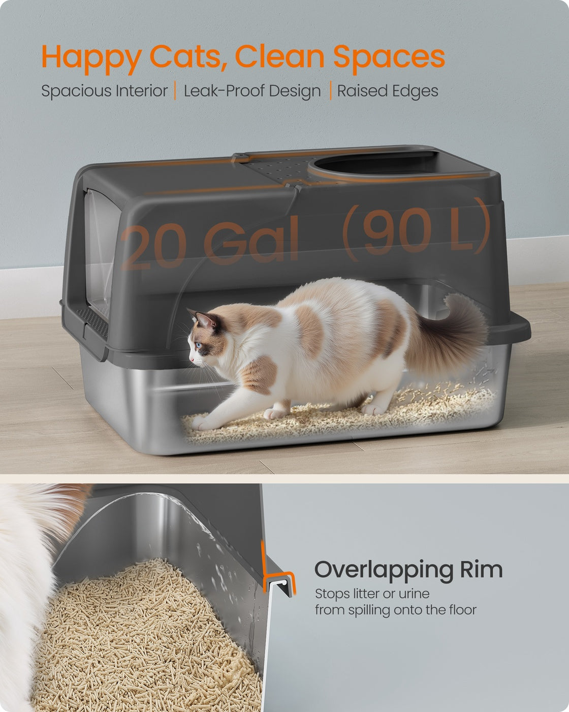 Enclosed Cat Litter Box – Stainless Steel – Dove Grey – XL Leak-Proof Design with Flip Lid and Scoop