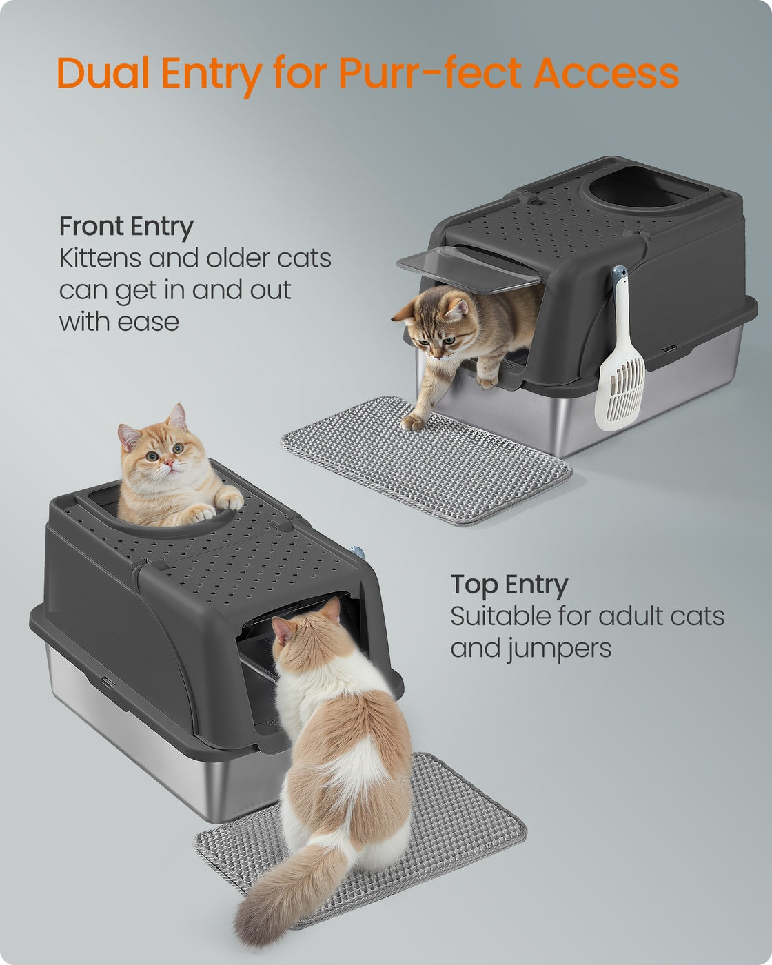Enclosed Cat Litter Box – Stainless Steel – Dove Grey – XL Leak-Proof Design with Flip Lid and Scoop