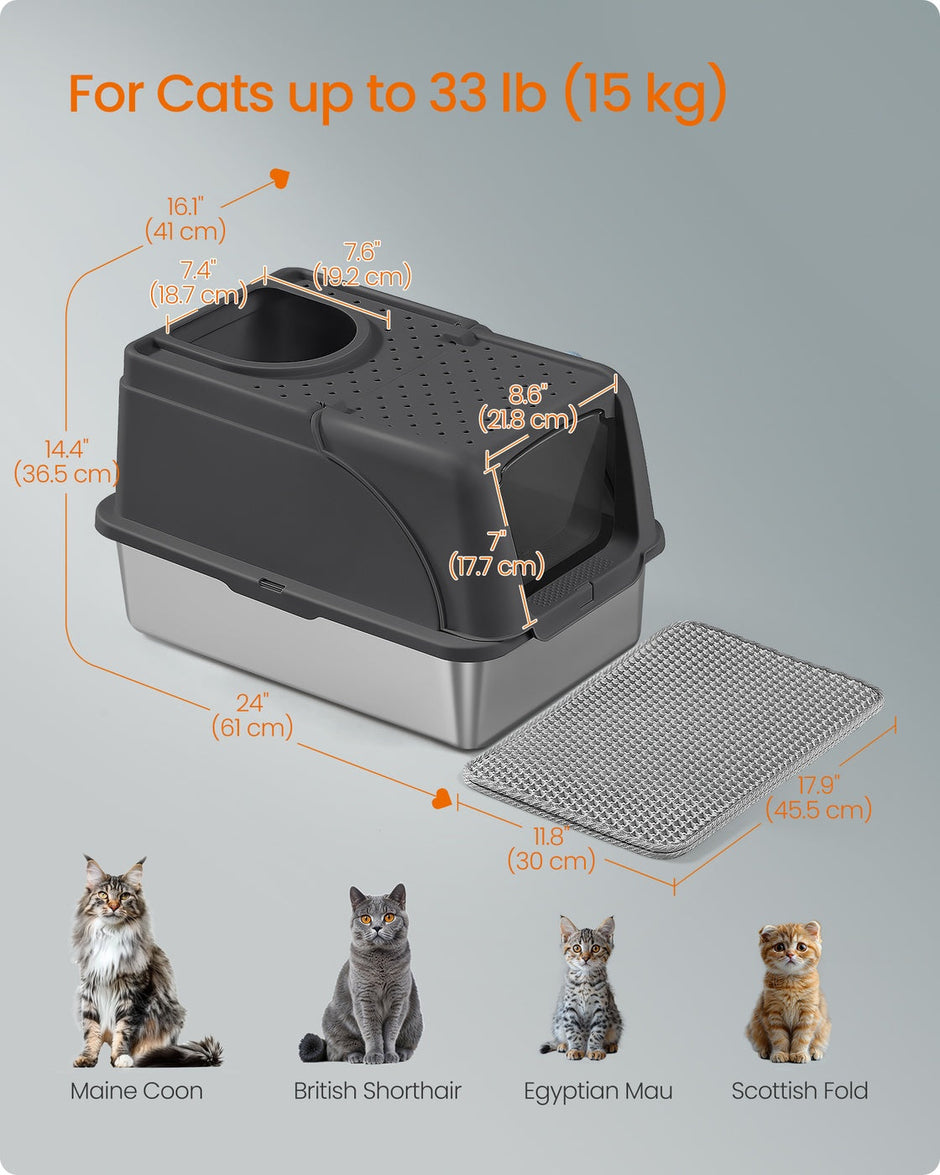 Enclosed Cat Litter Box – Stainless Steel – Dove Grey – XL Leak-Proof Design with Flip Lid and Scoop