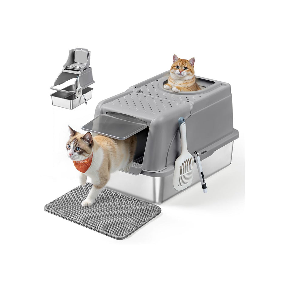 Enclosed Cat Litter Box – Stainless Steel – Dove Grey – XL with Flip Lid and Leak-Proof Design