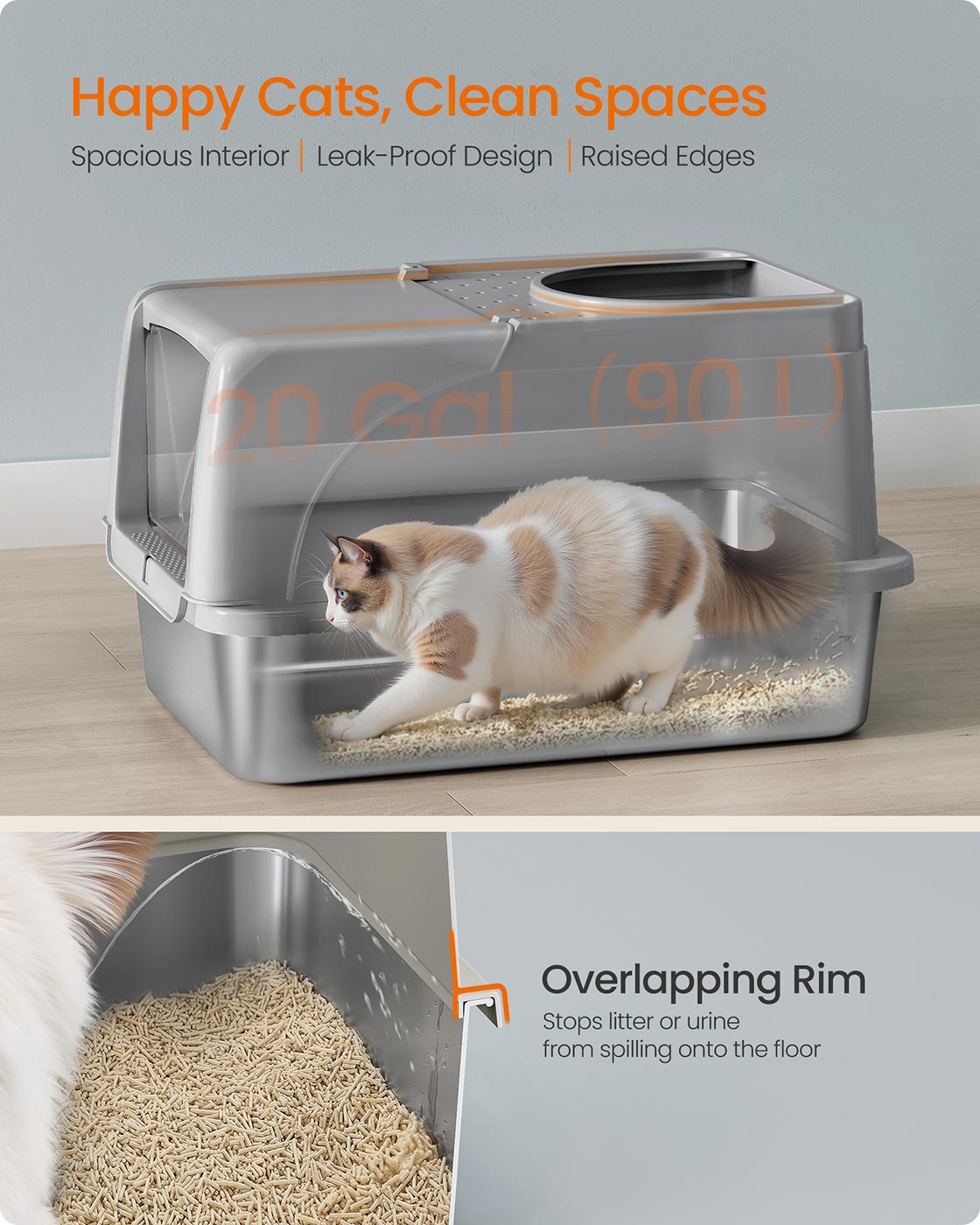 Enclosed Cat Litter Box – Stainless Steel – Dove Grey – XL with Flip Lid and Leak-Proof Design