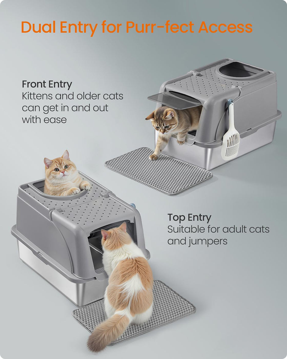 Enclosed Cat Litter Box – Stainless Steel – Dove Grey – XL with Flip Lid and Leak-Proof Design