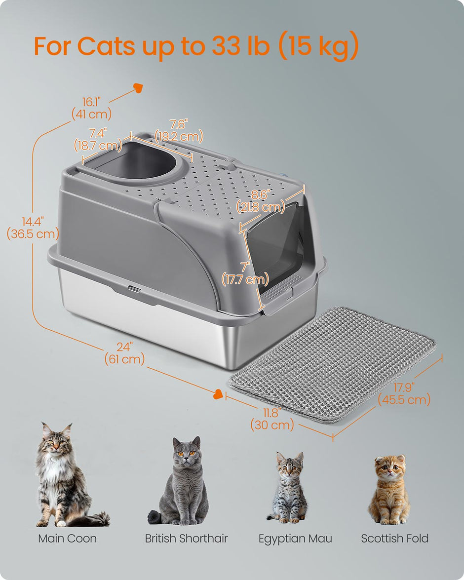 Enclosed Cat Litter Box – Stainless Steel – Dove Grey – XL with Flip Lid and Leak-Proof Design