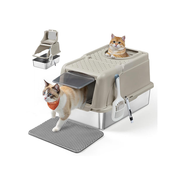 Enclosed Cat Litter Box – Stainless Steel – Dove Grey – XL with Flip Lid and Leak-Proof Design