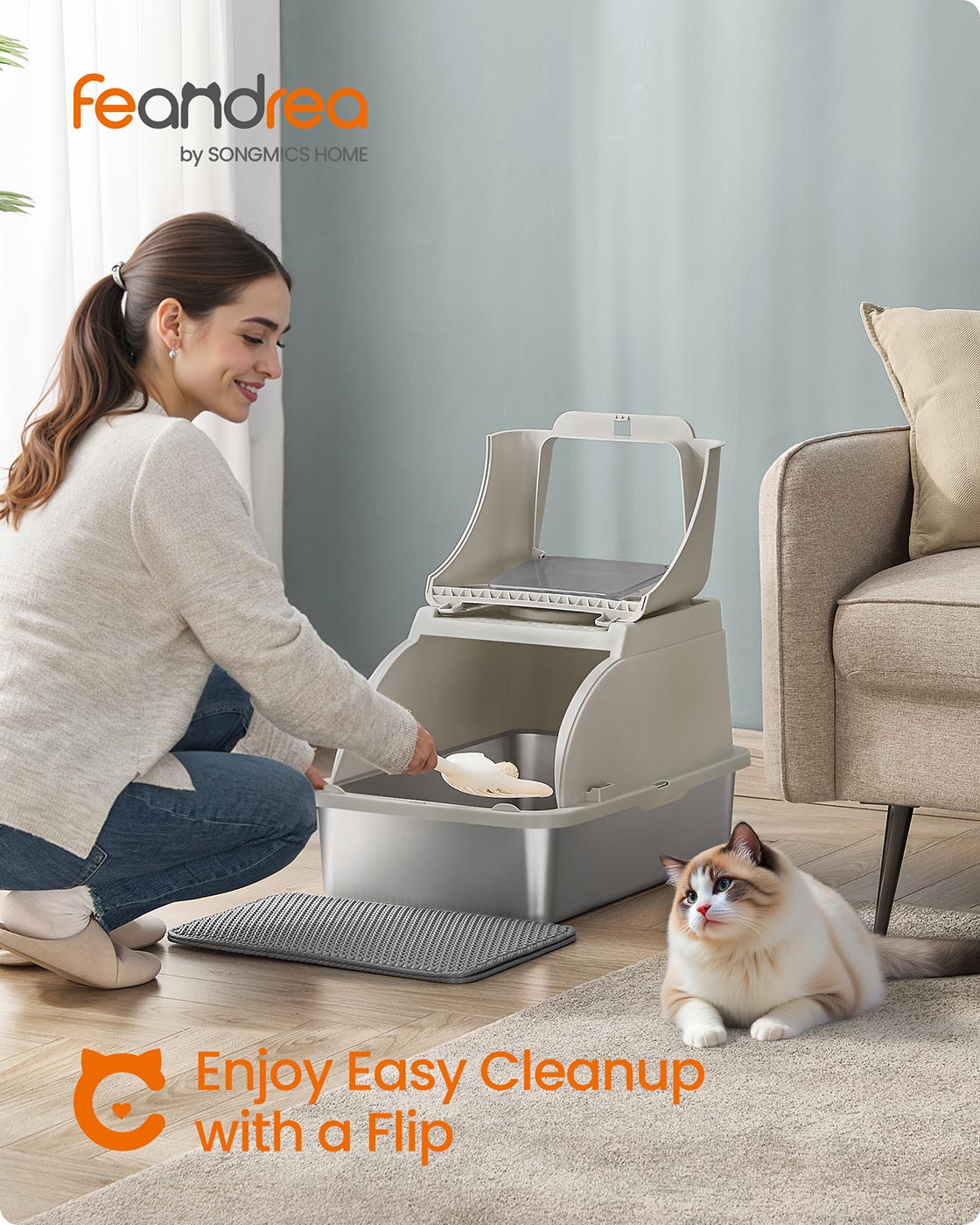 Enclosed Cat Litter Box – Stainless Steel – Dove Grey – XL with Flip Lid and Leak-Proof Design