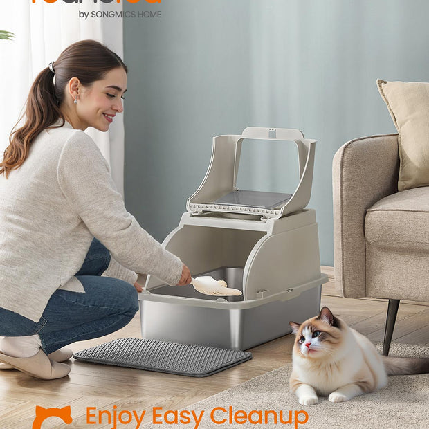 Enclosed Cat Litter Box – Stainless Steel – Dove Grey – XL with Flip Lid and Leak-Proof Design