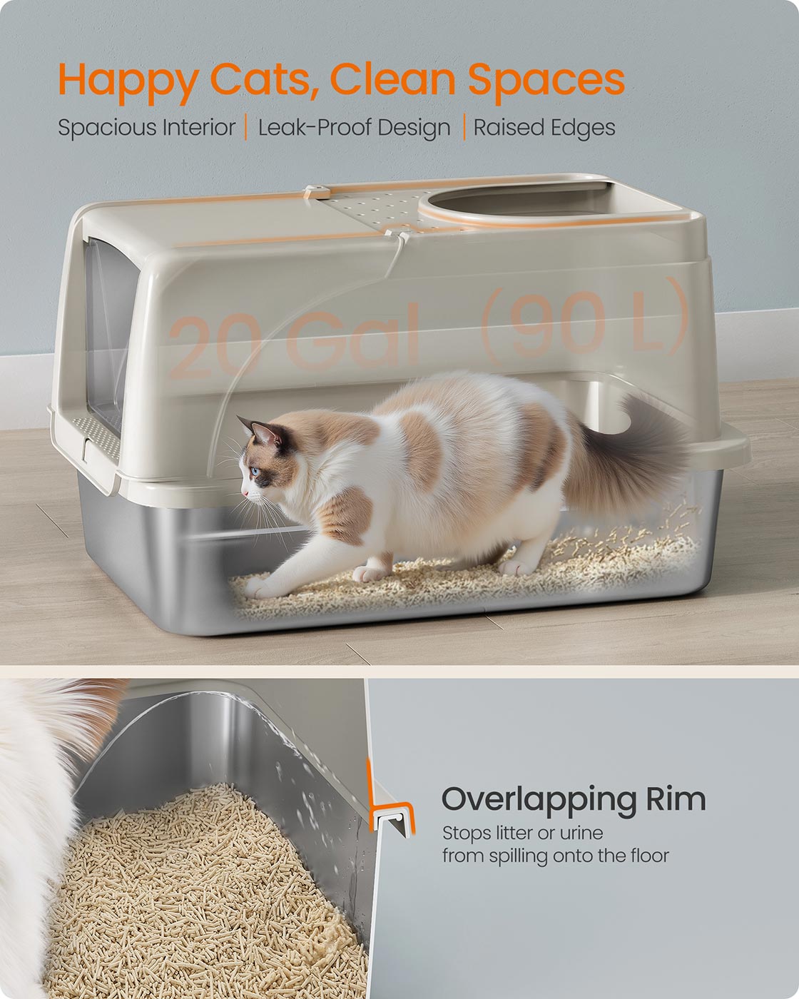 Enclosed Cat Litter Box – Stainless Steel – Dove Grey – XL with Flip Lid and Leak-Proof Design