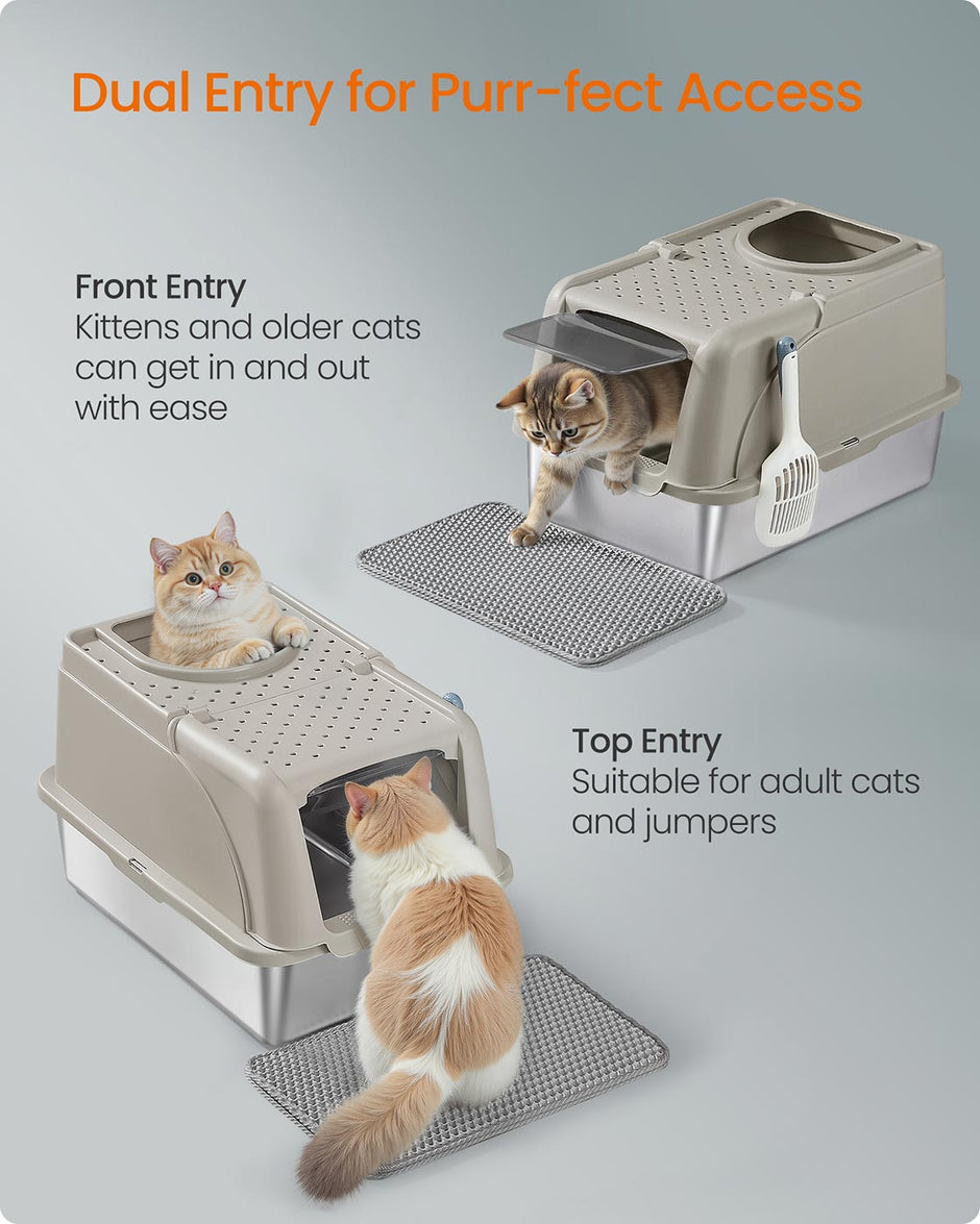 XL Stainless Steel Cat Litter Box – Beige Cappuccino – Leak-Proof Design with Dual Entry