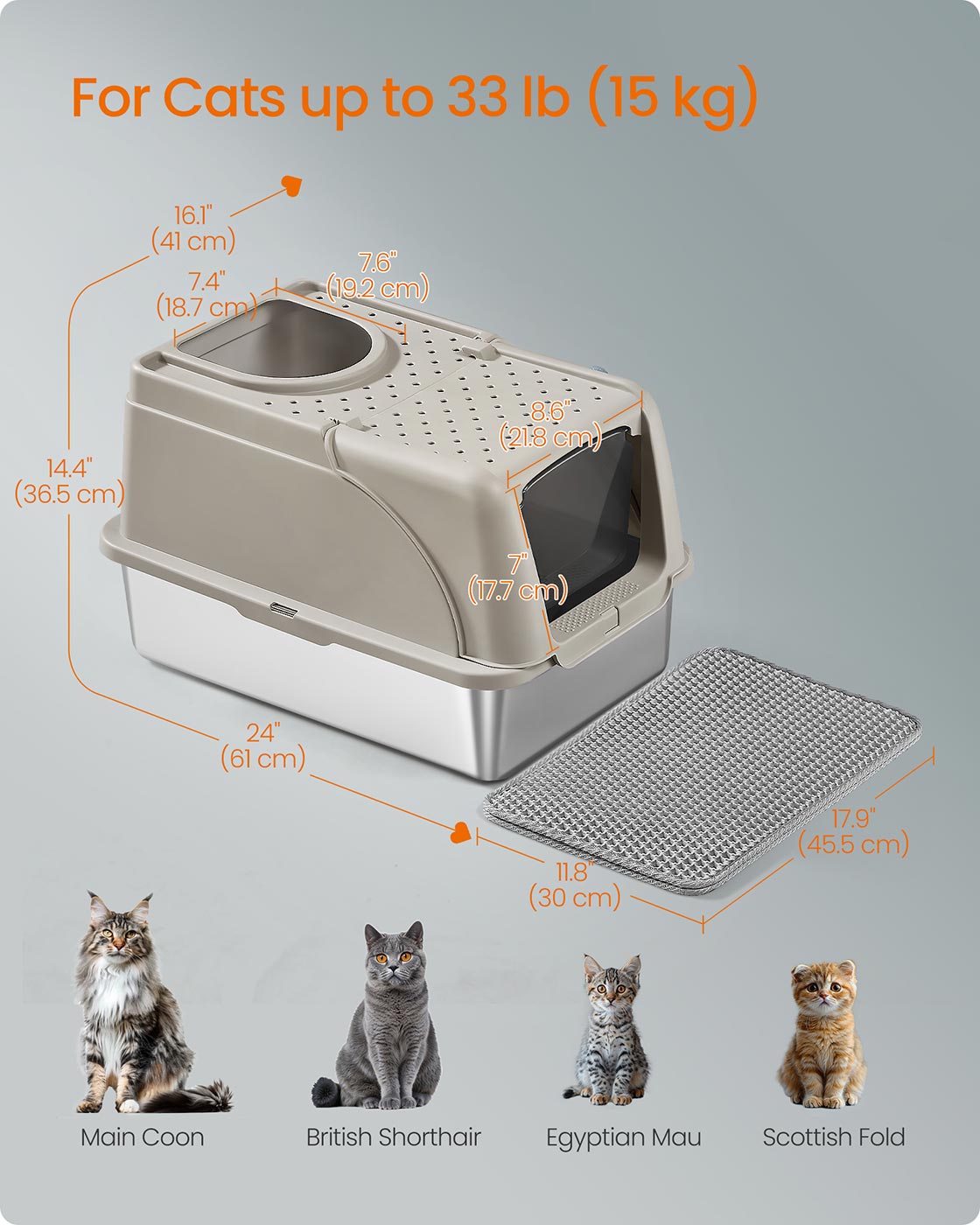 XL Stainless Steel Cat Litter Box – Beige Cappuccino – Leak-Proof Design with Dual Entry