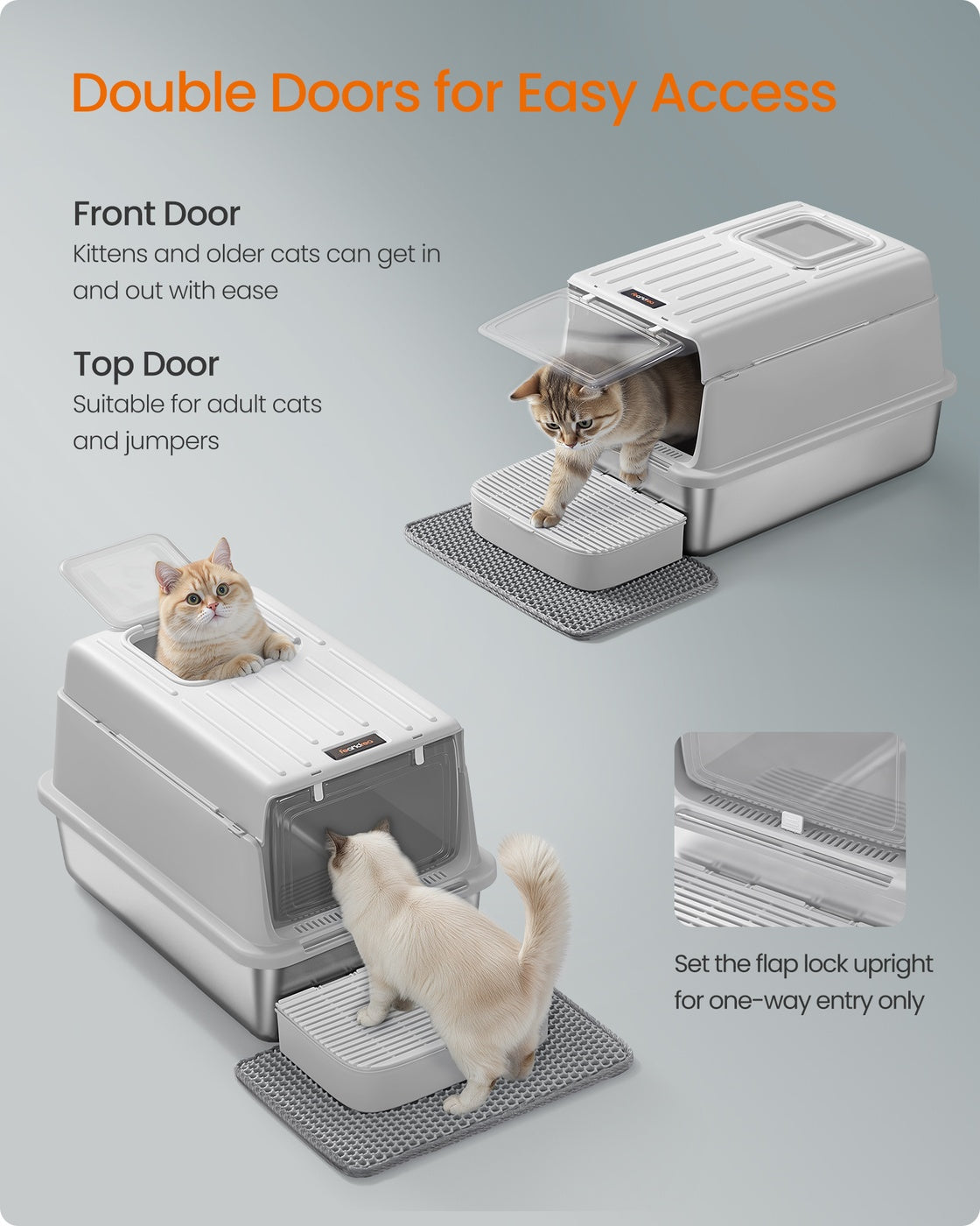 Stainless Steel Cat Litter Box - 60L - Stainless Steel - Flip Lid - 2 Doors