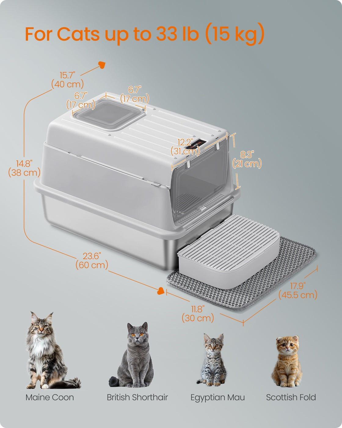 Stainless Steel Cat Litter Box - 60L - Stainless Steel - Flip Lid - 2 Doors