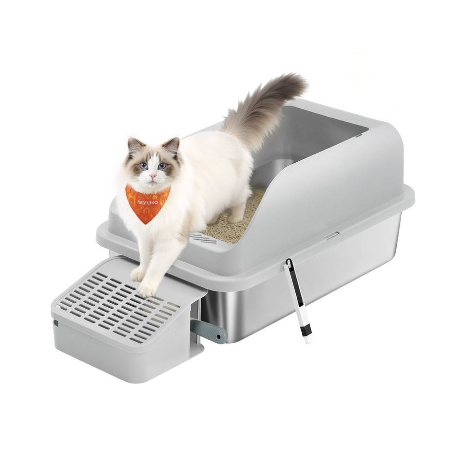 High Sided Cat Litter Box – Stainless Steel – Dove Grey – Includes Step, Scoop, and Brush