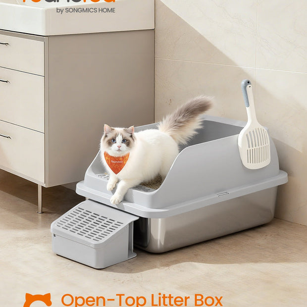 High Sided Cat Litter Box – Stainless Steel – Dove Grey – Includes Step, Scoop, and Brush