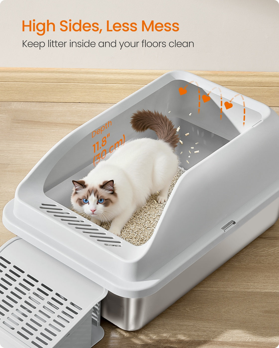 High Sided Cat Litter Box – Stainless Steel – Dove Grey – Includes Step, Scoop, and Brush