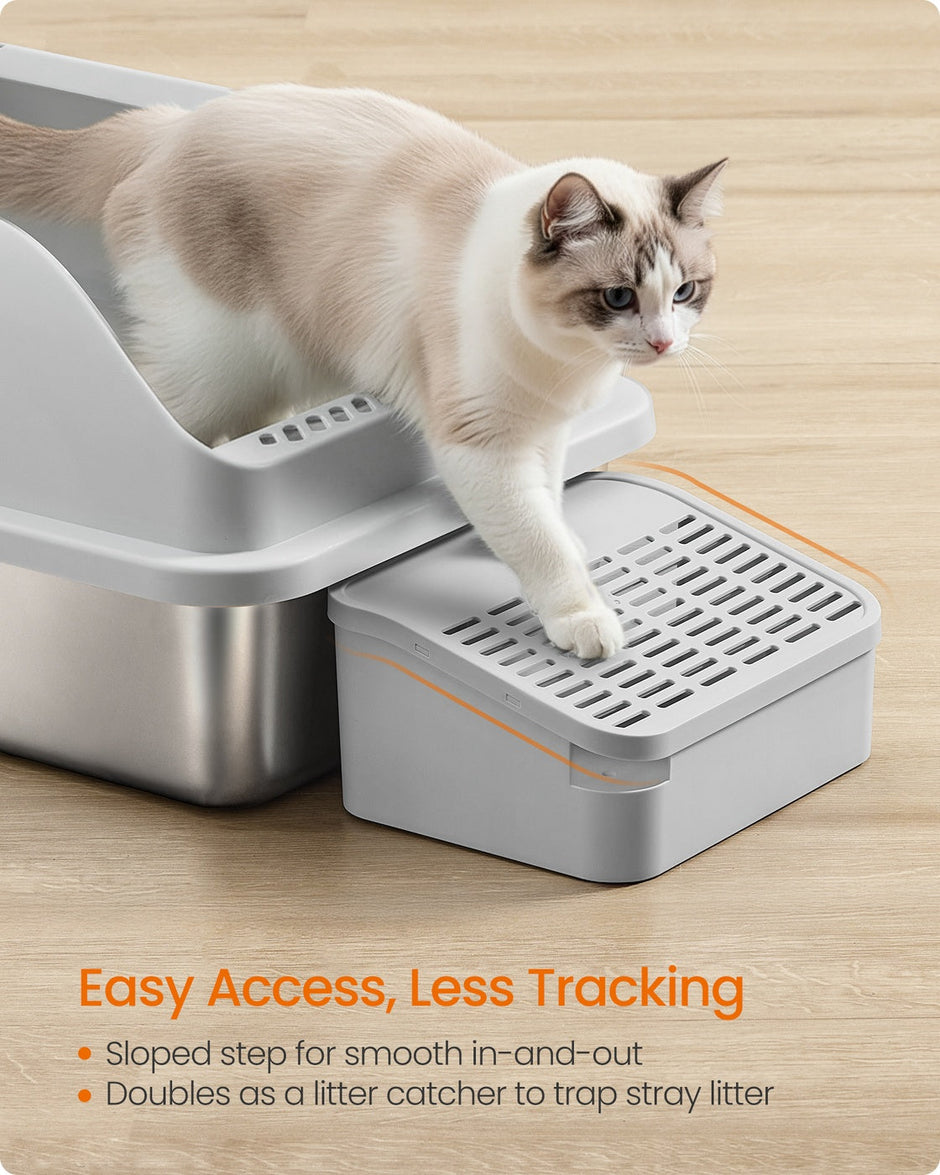 High Sided Cat Litter Box – Stainless Steel – Dove Grey – Includes Step, Scoop, and Brush