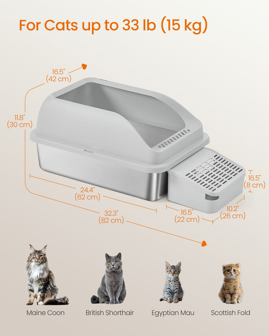 High Sided Cat Litter Box – Stainless Steel – Dove Grey – Includes Step, Scoop, and Brush
