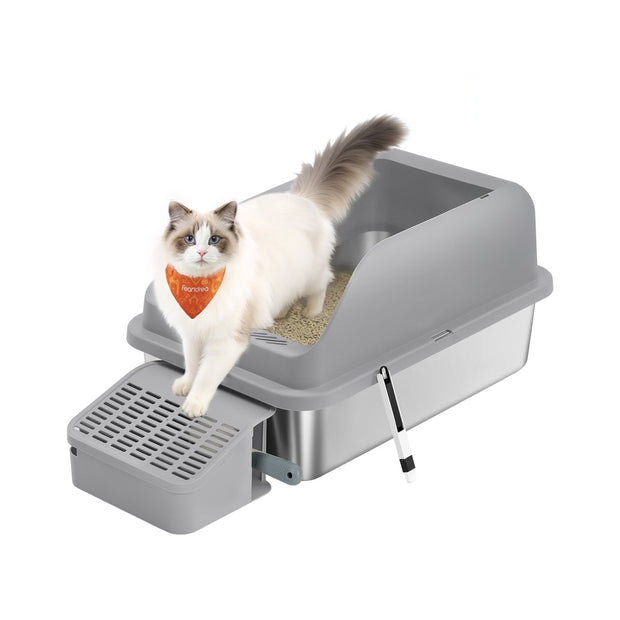 High Sided Cat Litter Box – Stainless Steel – Dove Grey – Includes Step, Scoop, and Brush