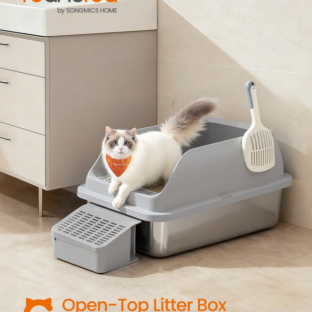 High Sided Cat Litter Box – Stainless Steel – Dove Grey – Includes Step, Scoop, and Brush