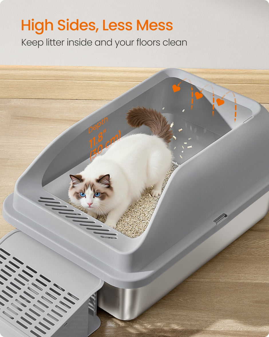 High Sided Cat Litter Box – Stainless Steel – Dove Grey – Includes Step, Scoop, and Brush