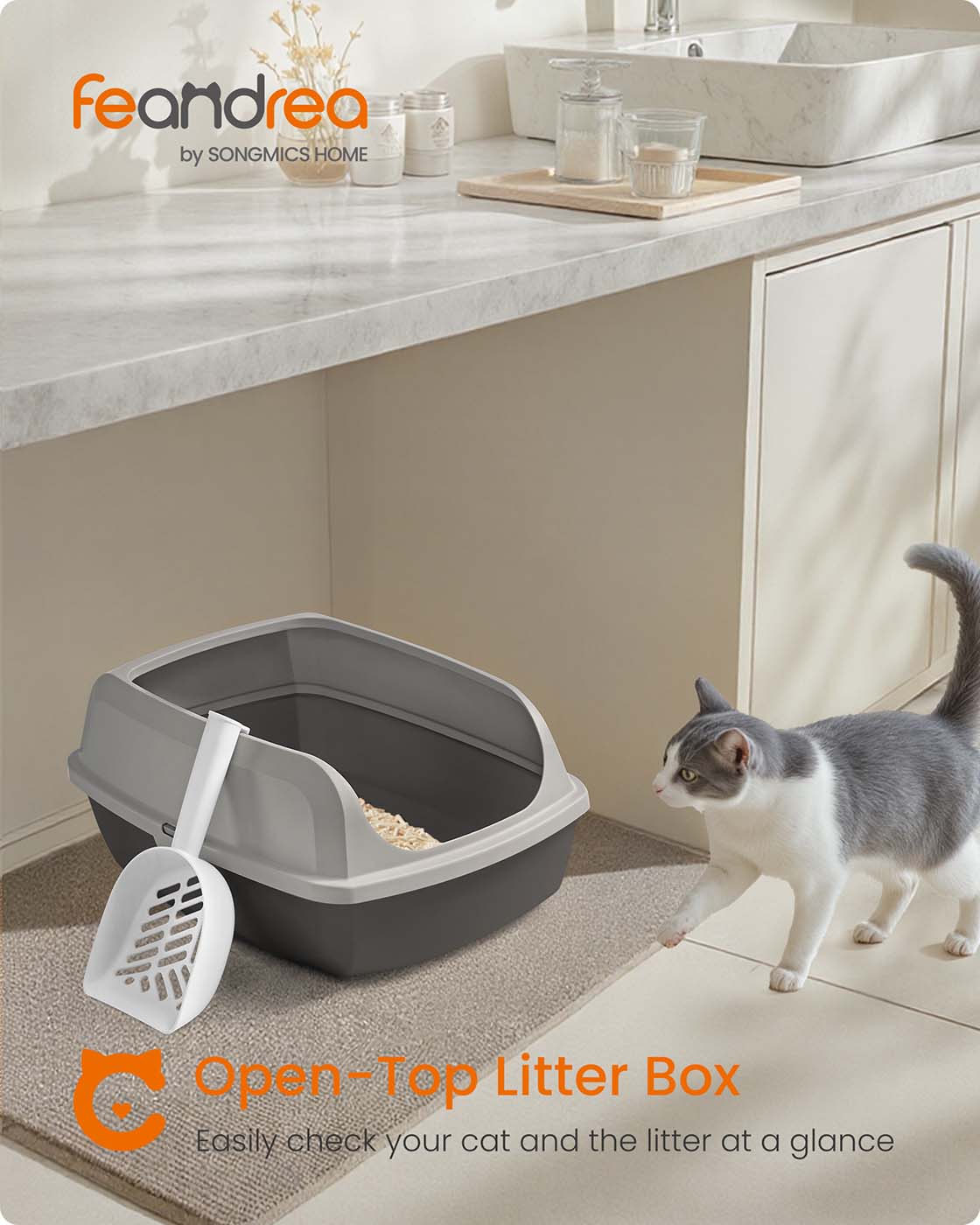 Open Top Litter Box – Plastic – Slate Grey – High Sided with Scoop for Large Cats and Kittens