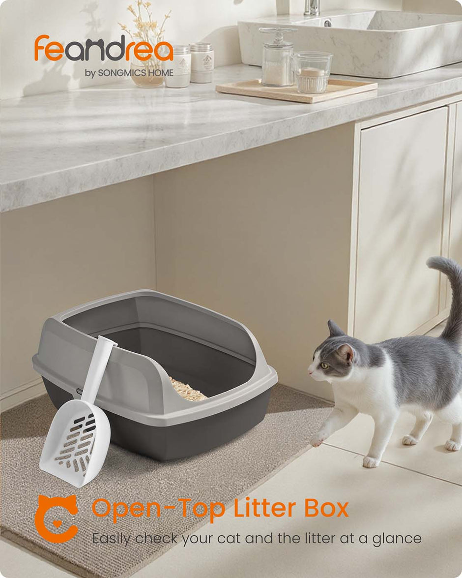 Open Top Litter Box – Plastic – Slate Grey – High Sided with Scoop for Large Cats and Kittens