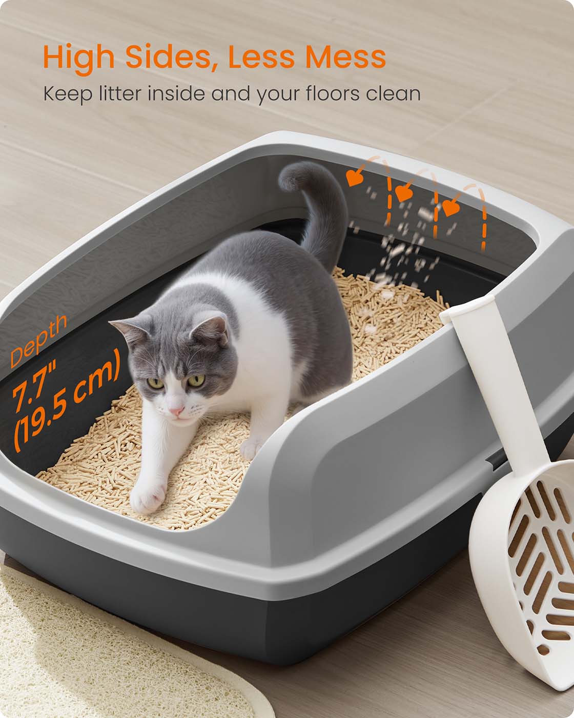 Open Top Litter Box – Plastic – Slate Grey – High Sided with Scoop for Large Cats and Kittens