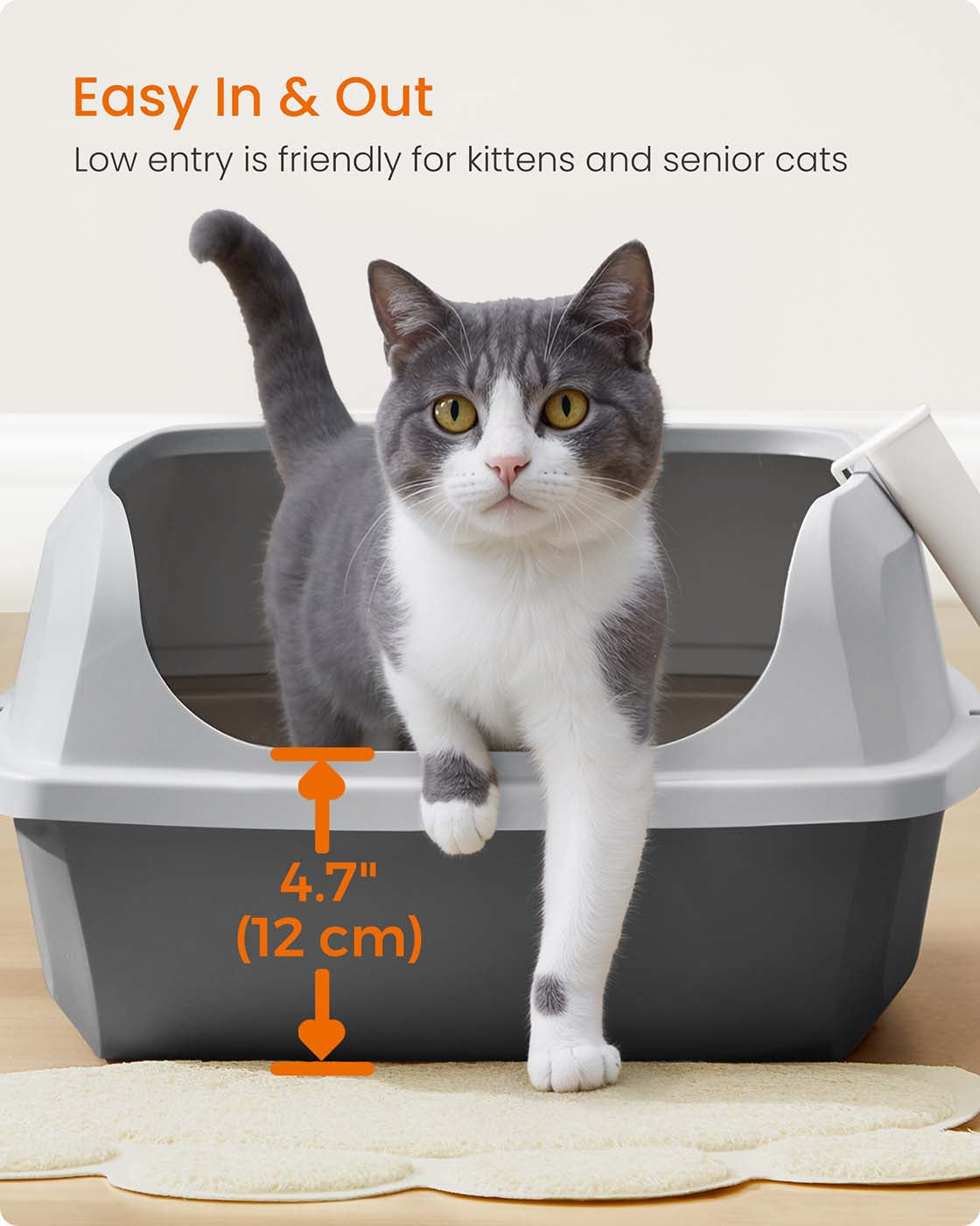 Open Top Litter Box – Plastic – Slate Grey – High Sided with Scoop for Large Cats and Kittens