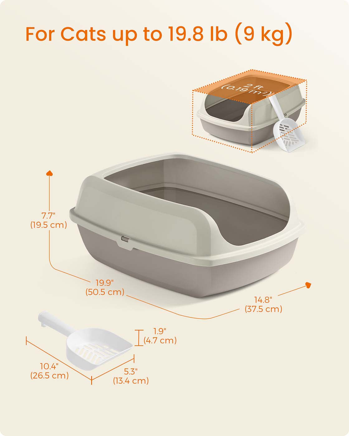 Open Top Litter Box – Plastic – Slate Grey – High Sided with Scoop for Large Cats and Kittens