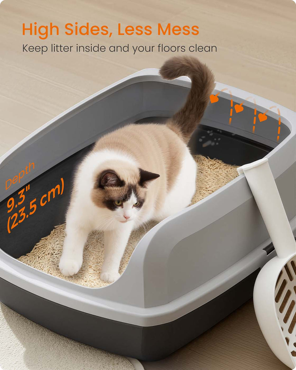 Open Top Litter Box – Plastic – Slate Grey – High Sided with Scoop for Large Cats and Kittens