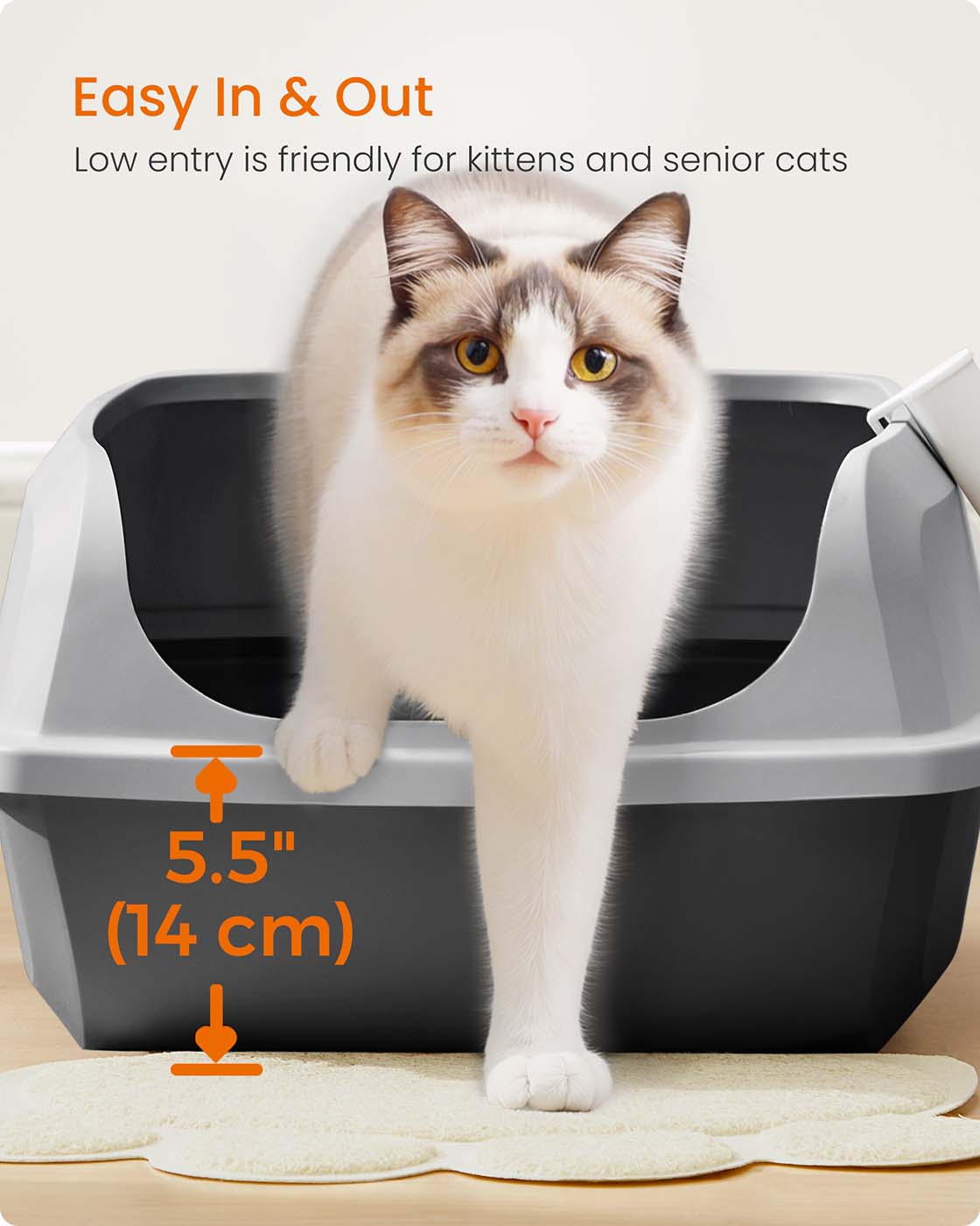 Open Top Litter Box – Plastic – Slate Grey – High Sided with Scoop for Large Cats and Kittens