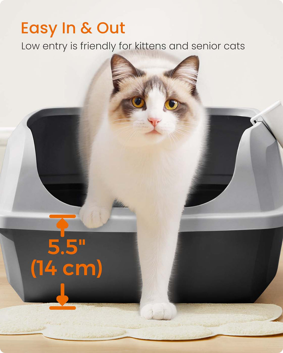 Open Top Litter Box – Plastic – Slate Grey – High Sided with Scoop for Large Cats and Kittens