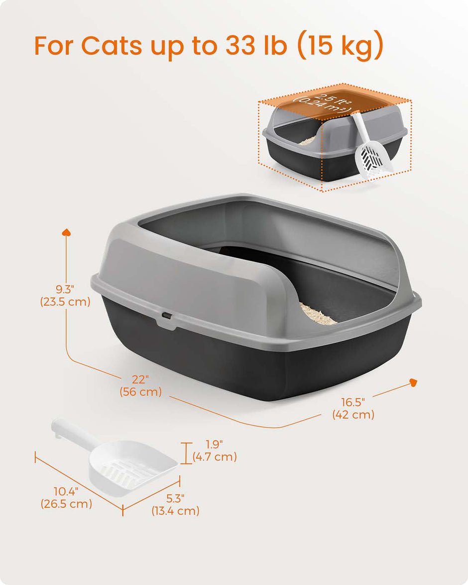 Open Top Litter Box – Plastic – Slate Grey – High Sided with Scoop for Large Cats and Kittens