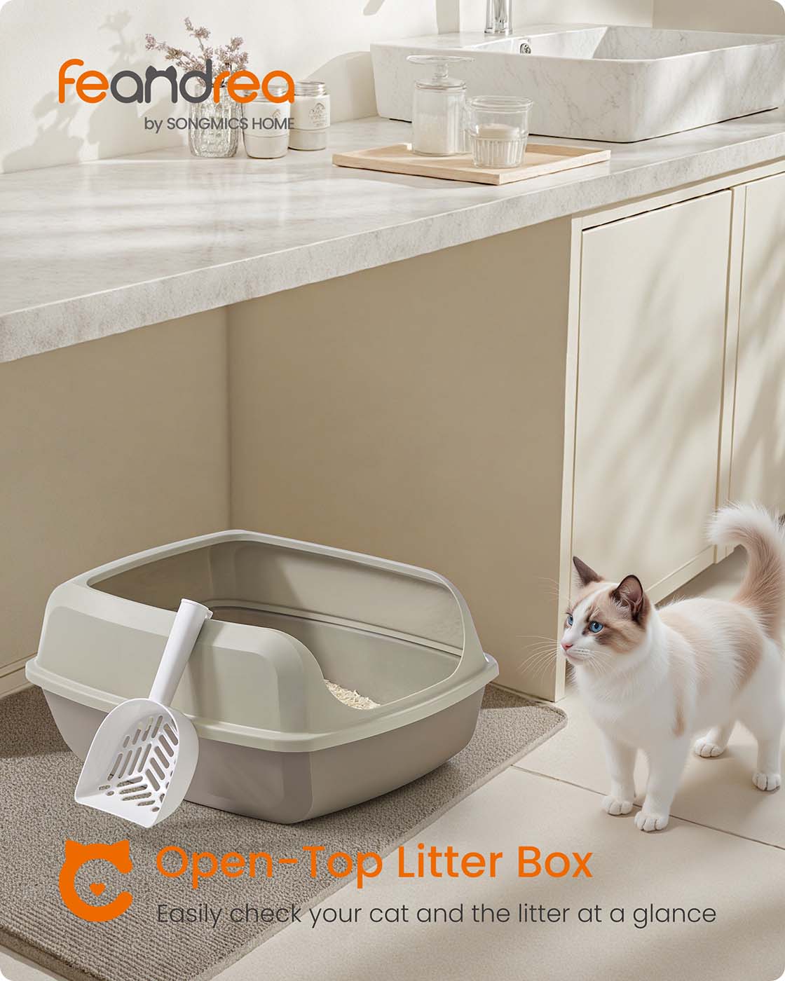 Open Top Litter Box – Plastic – Slate Grey – High Sided with Scoop for Large Cats and Kittens