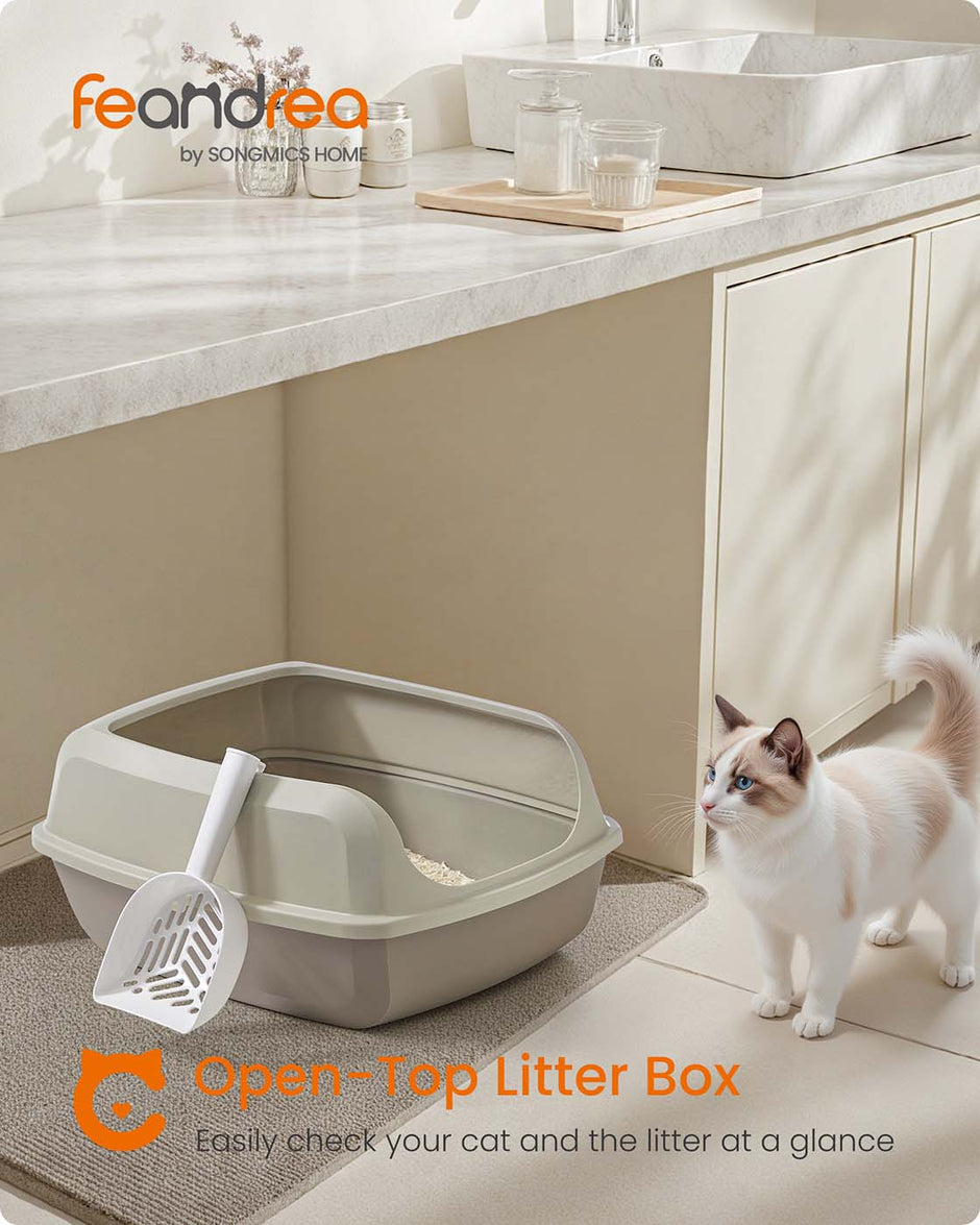 Open Top Litter Box – Plastic – Slate Grey – High Sided with Scoop for Large Cats and Kittens