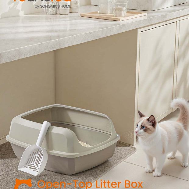Open Top Litter Box – Plastic – Slate Grey – High Sided with Scoop for Large Cats and Kittens