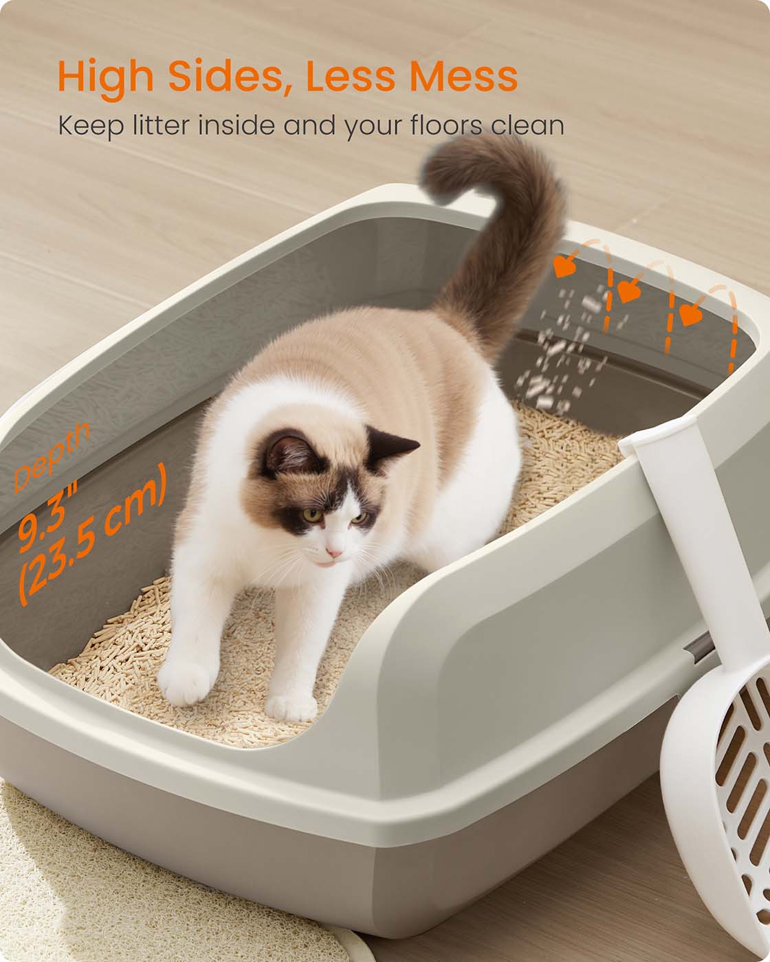 Open Top Litter Box – Plastic – Slate Grey – High Sided with Scoop for Large Cats and Kittens