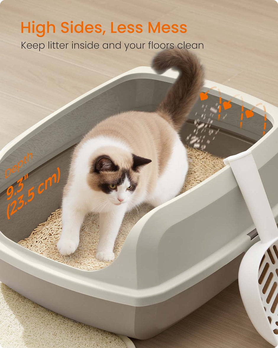 Open Top Litter Box – Plastic – Slate Grey – High Sided with Scoop for Large Cats and Kittens