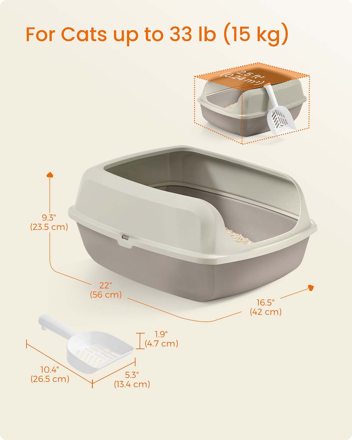 Open Top Litter Box – Plastic – Slate Grey – High Sided with Scoop for Large Cats and Kittens