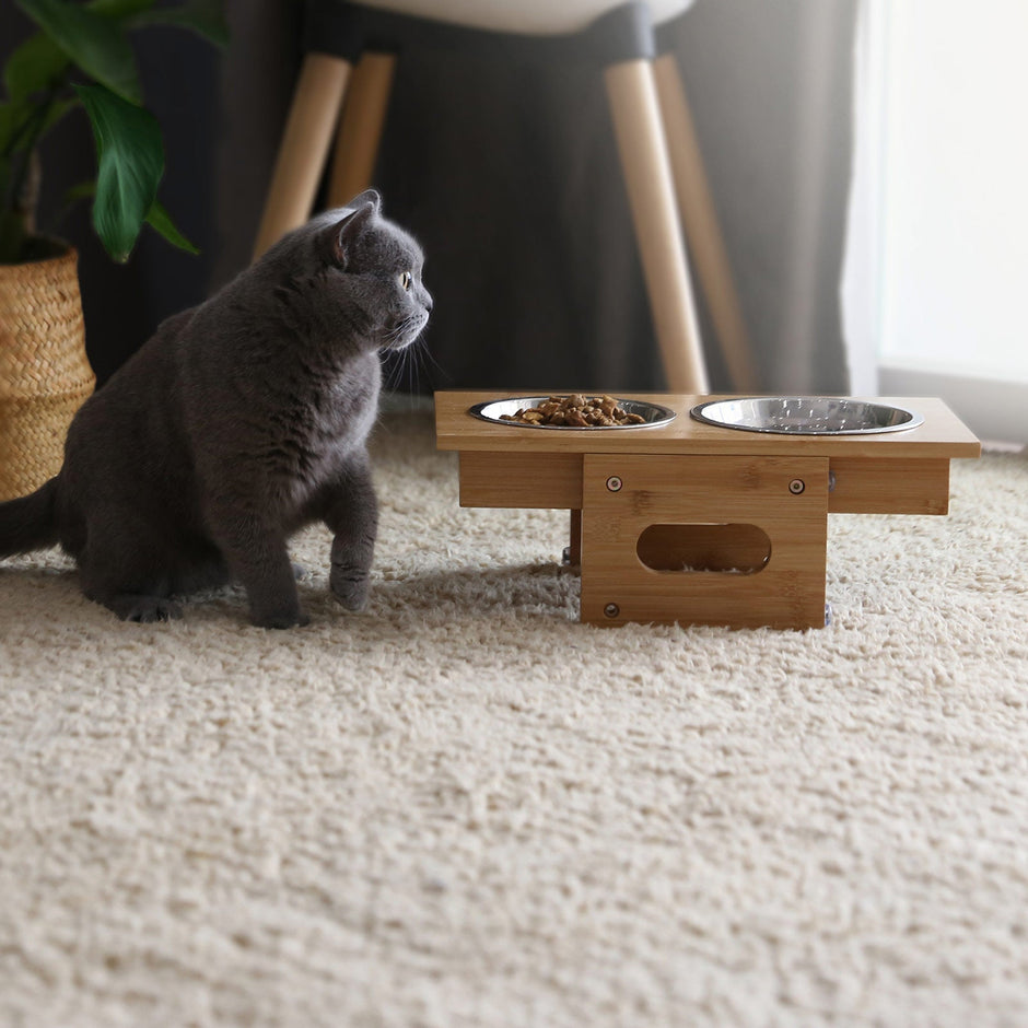 Elevated Dog Food Stand – Bamboo – Natural – Adjustable with 2 Raised Bowls