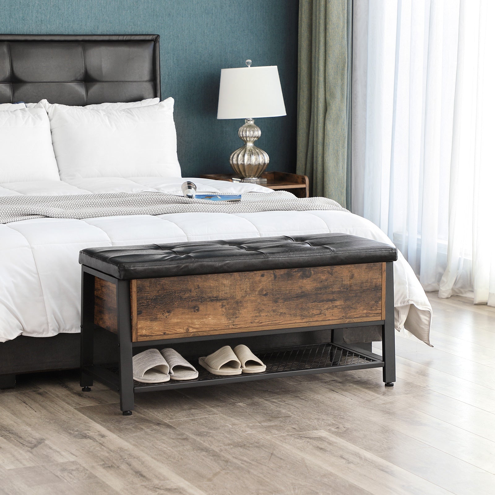 Padded Seat Storage Bench – Iron Frame – Industrial Style – Multifunctional Shoe Shelf