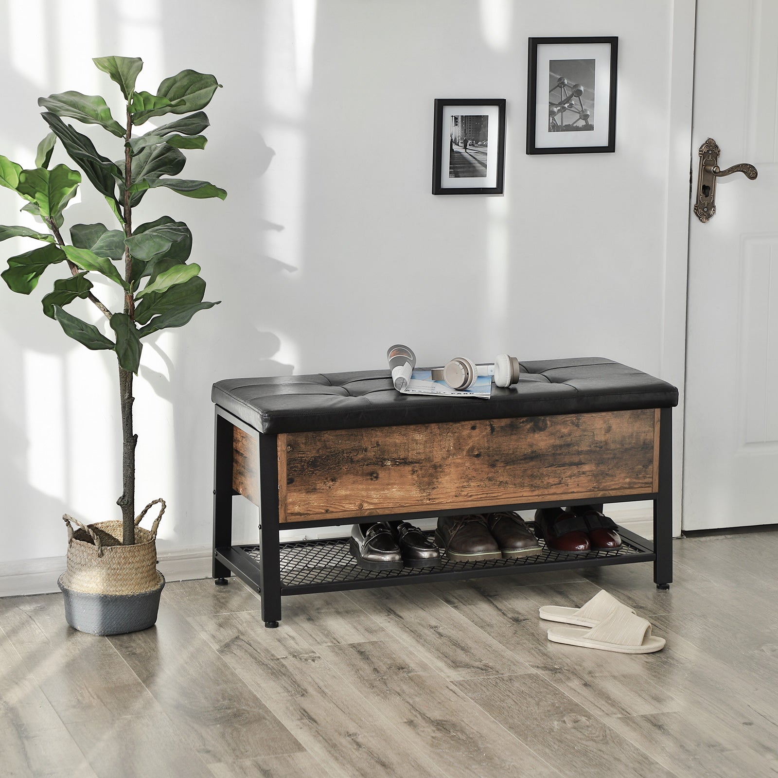 Padded Seat Storage Bench – Iron Frame – Industrial Style – Multifunctional Shoe Shelf
