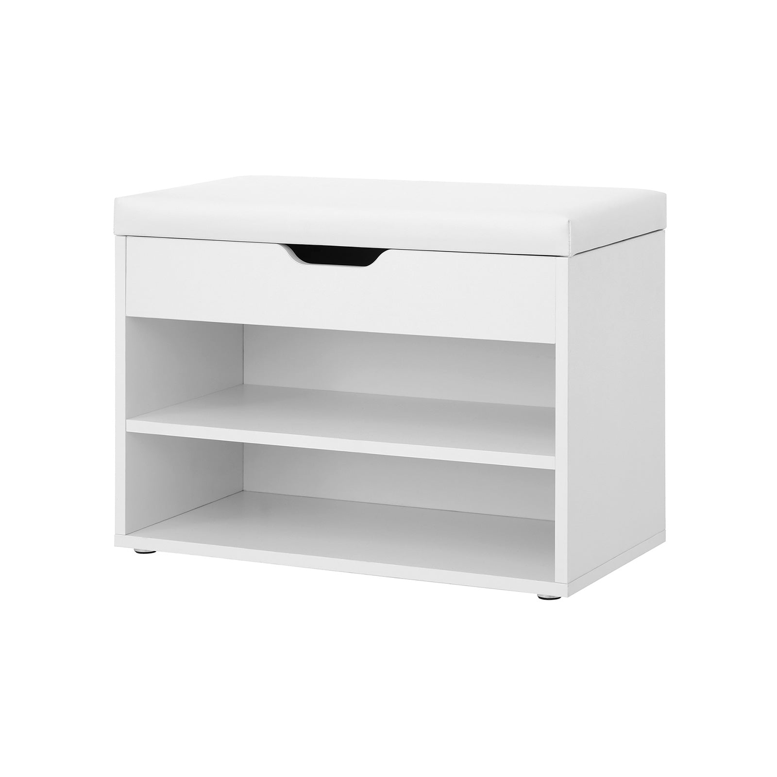 Shoe Storage Bench – Engineered Wood – White – Padded Folding Seat with 2 Shelves