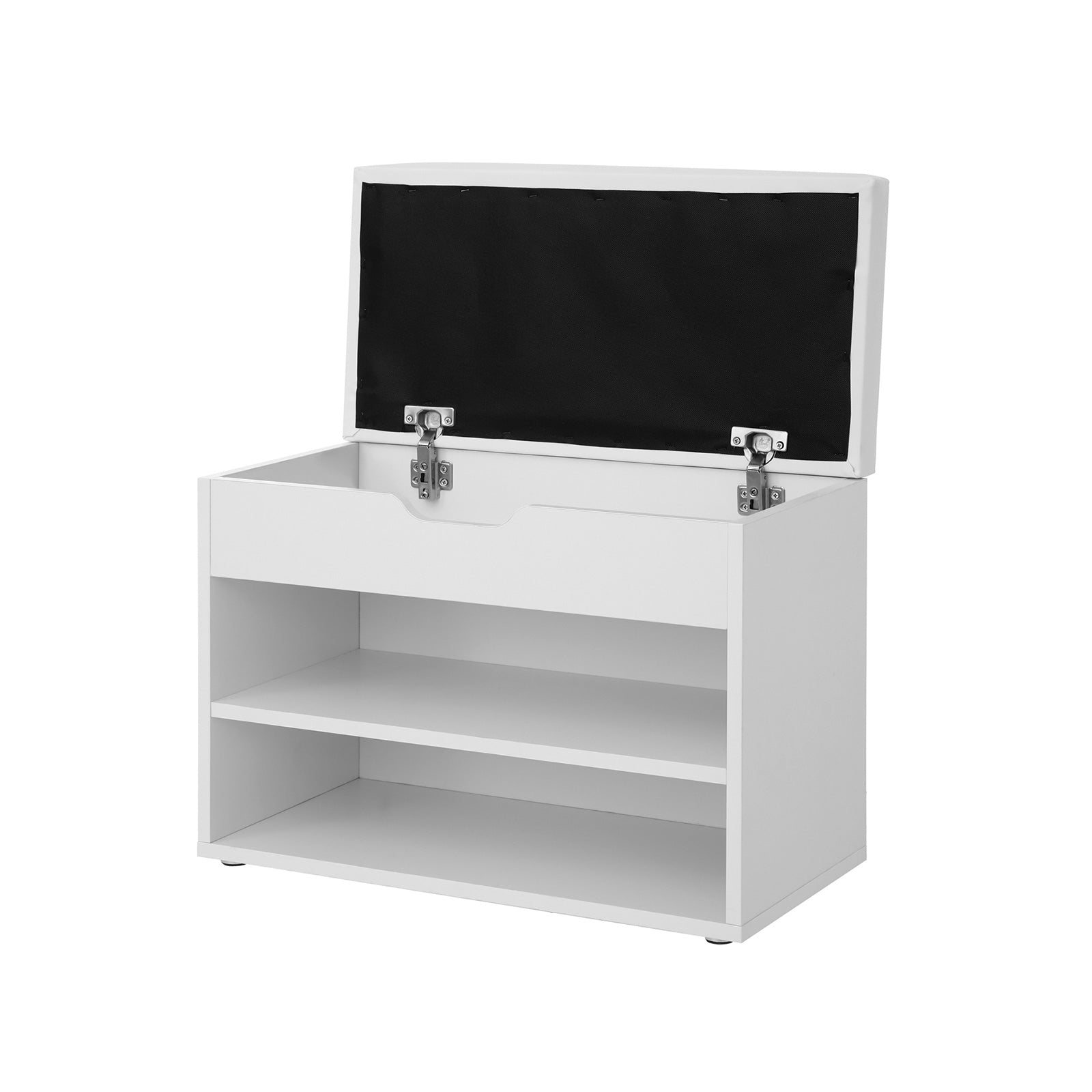 Shoe Storage Bench – Engineered Wood – White – Padded Folding Seat with 2 Shelves