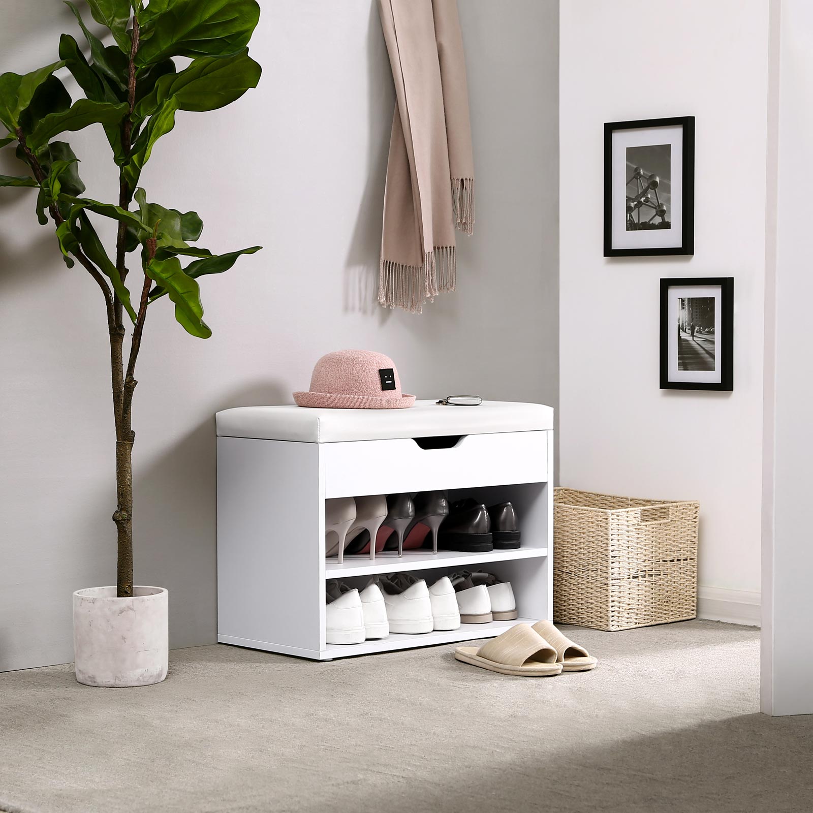 Shoe Storage Bench – Engineered Wood – White – Padded Folding Seat with 2 Shelves