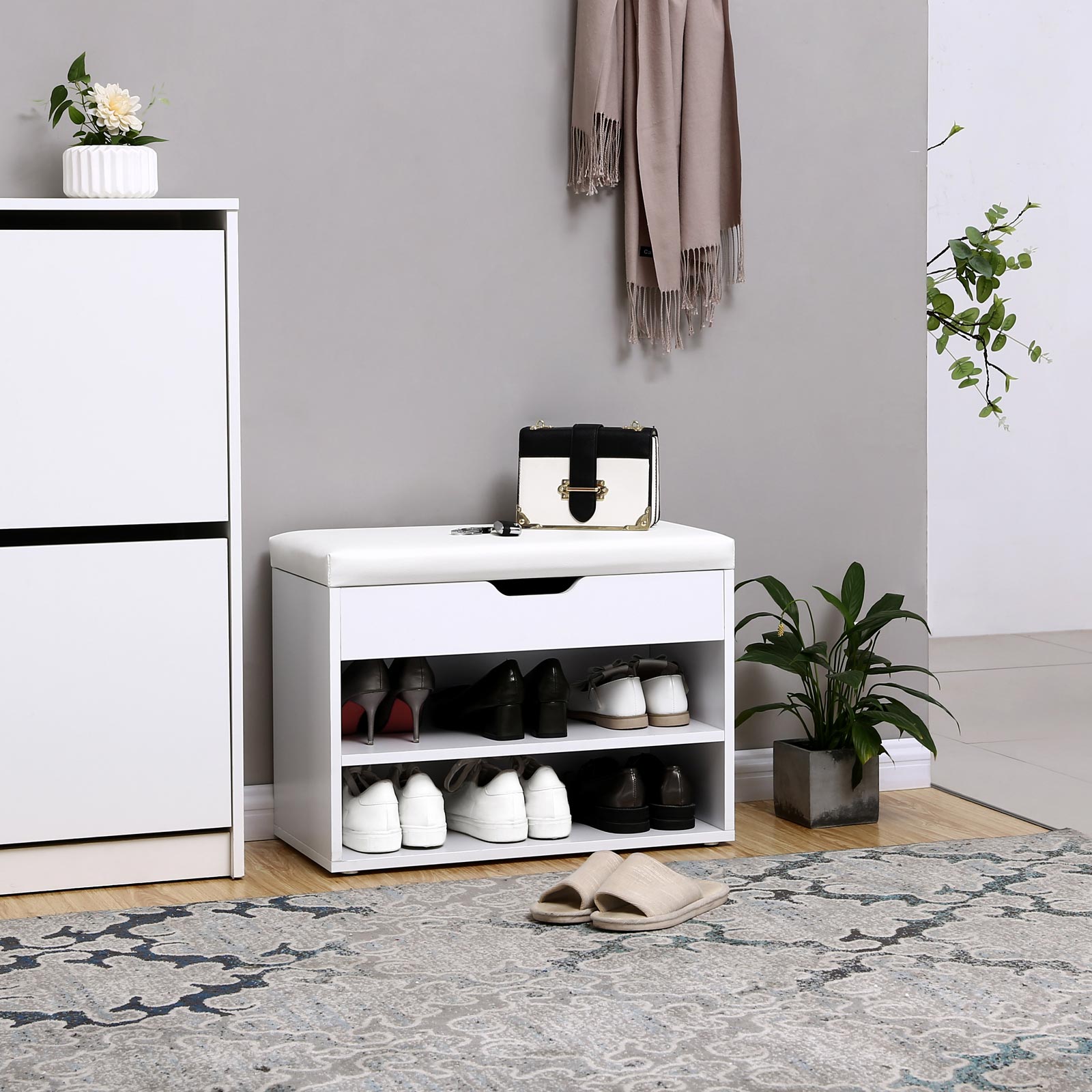 Shoe Storage Bench – Engineered Wood – White – Padded Folding Seat with 2 Shelves