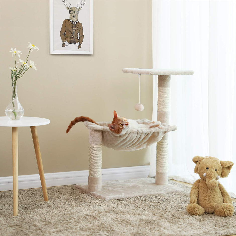 Cat Tree – Plush – Neutral Color – Stable with Soft Hammock