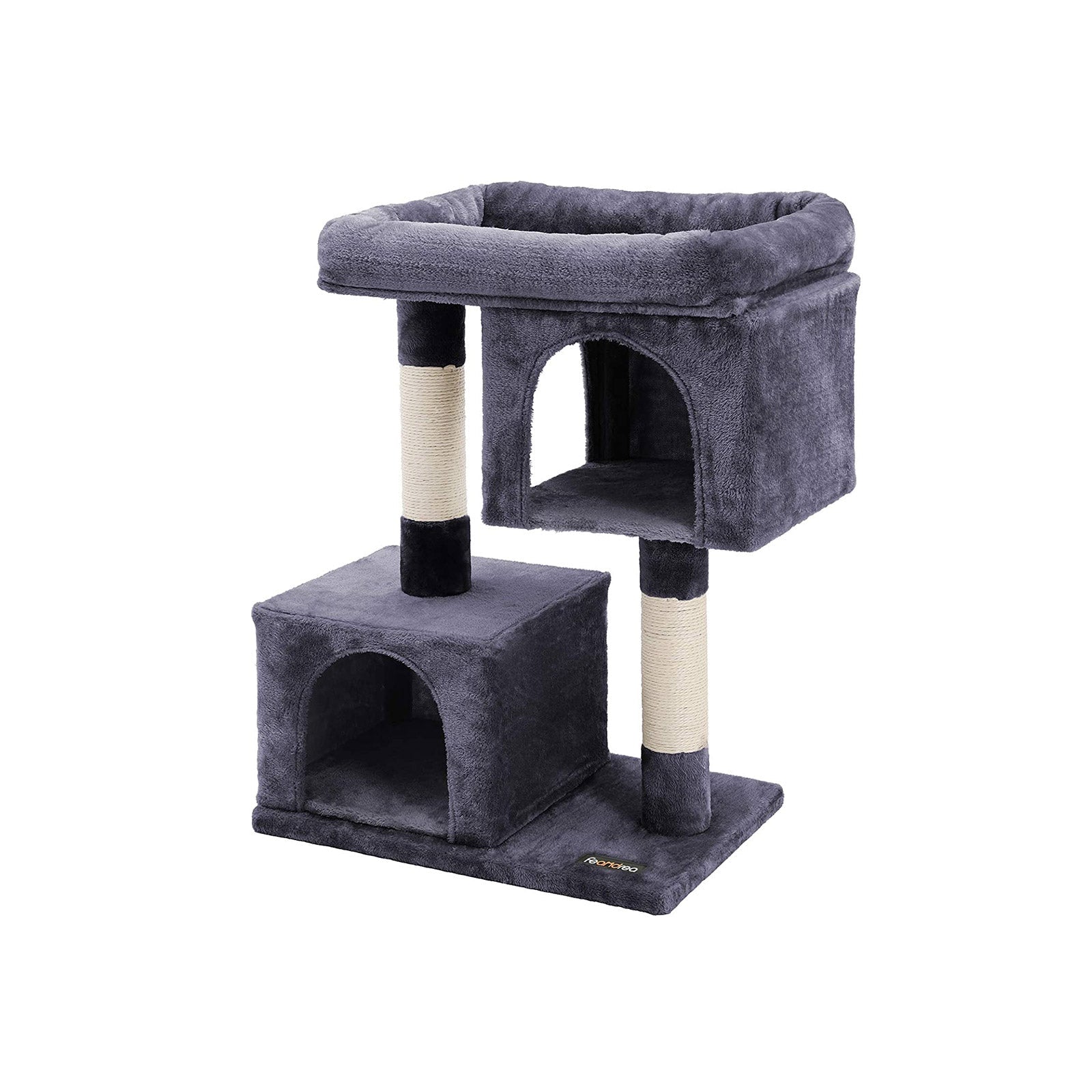 Cat Tree – Plush – Light Grey – 67 cm with Perch, 2 Caves, and Scratching Post