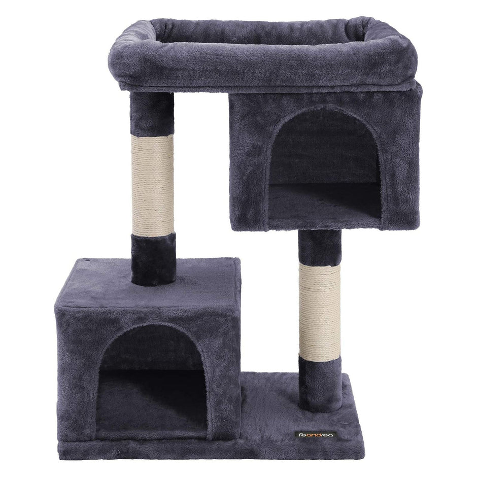 Cat Tree – Plush – Light Grey – 67 cm with Perch, 2 Caves, and Scratching Post