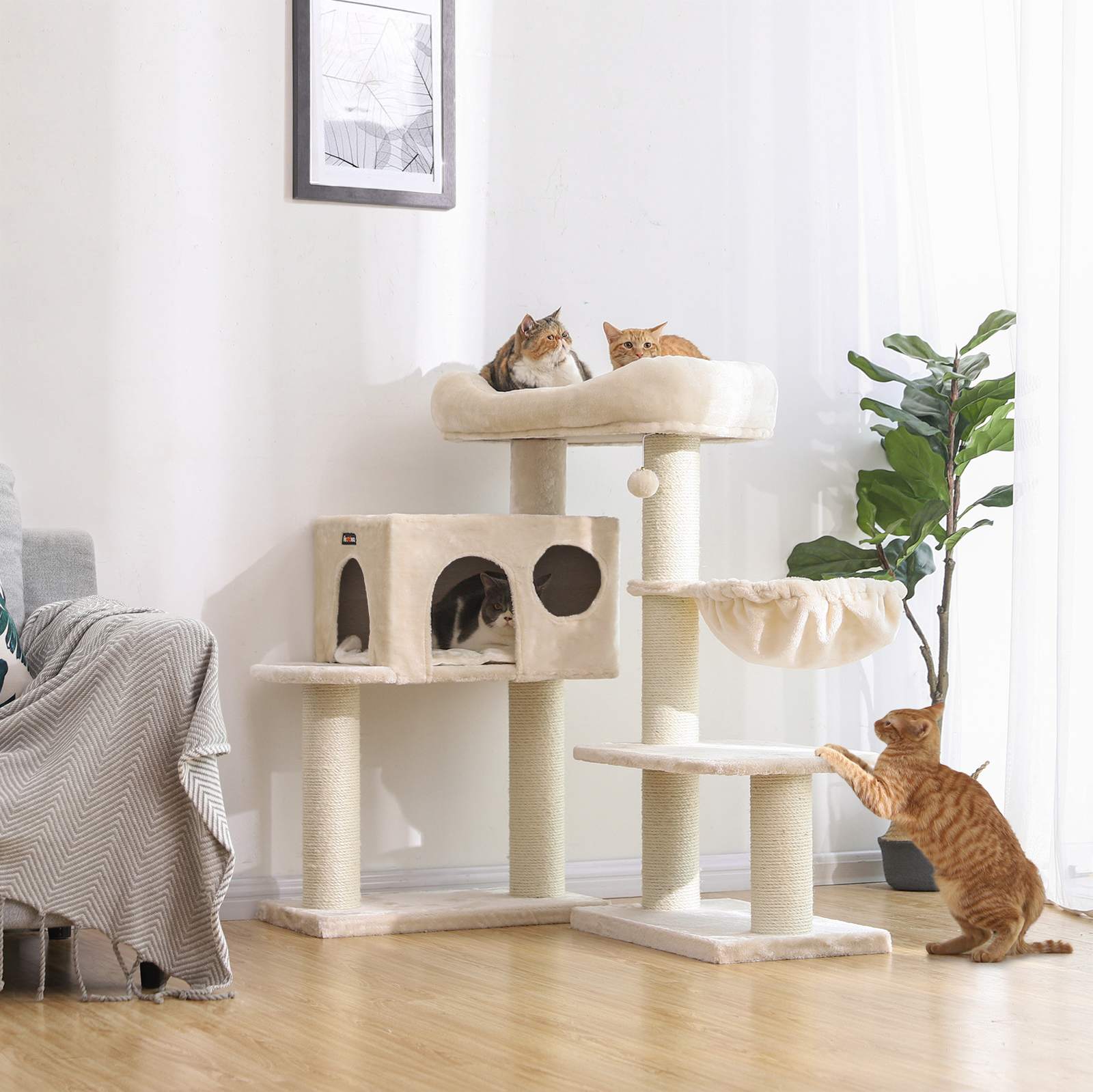 Cat Tree – Plush – Beige – XXL Perch with Adjustable Units and Cuddle Cave