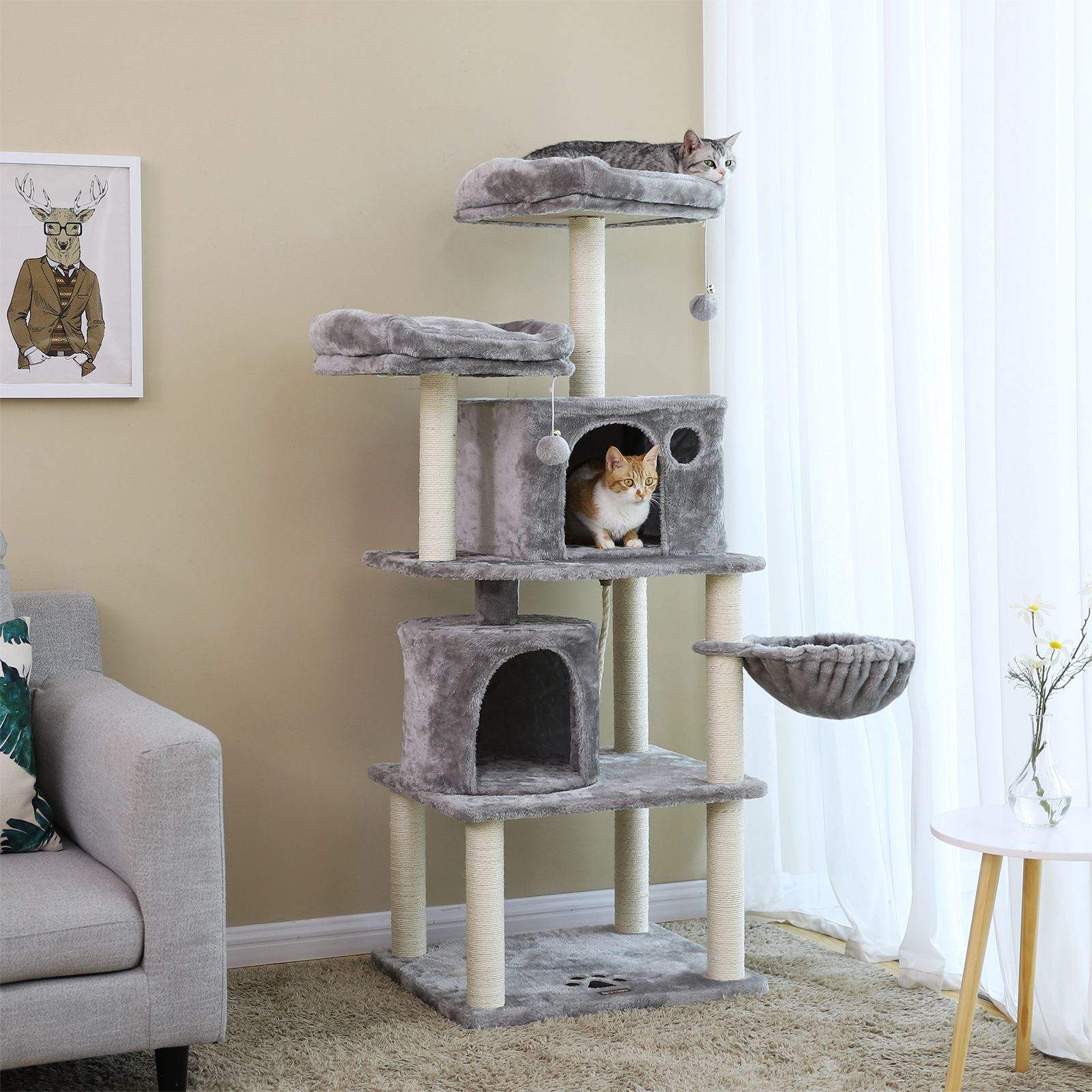 Cat Tree – Plush and Sisal – Smoky Grey – Multi-Level with Condos and Scratching Posts